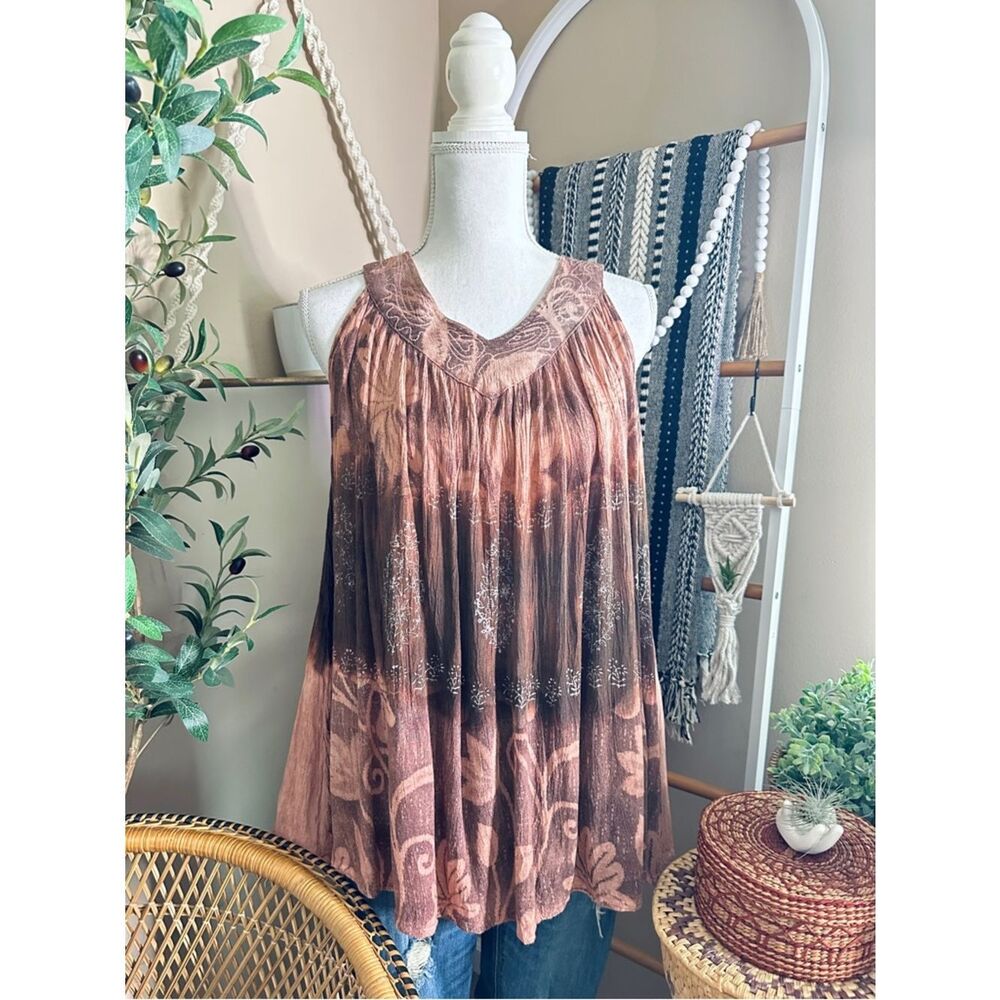 Boho Flowy Tunic Top Free Size Brown Tie Dye Floral Gauze Lightweight Festival